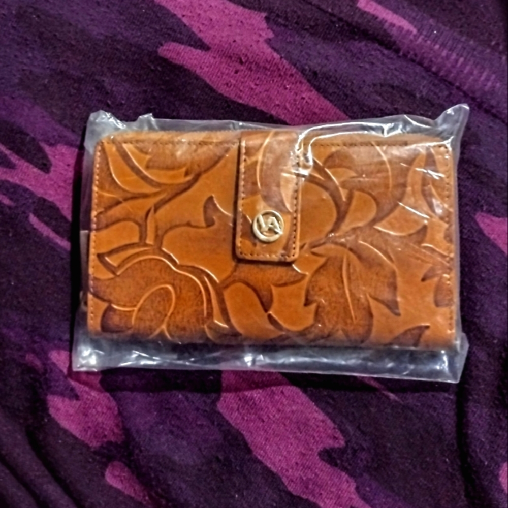 Valentina Italian Tab Close Clutch Wallet Tulip Embossed Cuoio Brown Leather